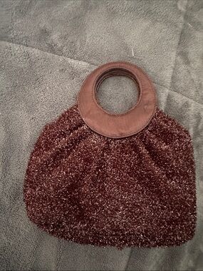Plush Knit Handbag with beaded Circular Handle - Brown